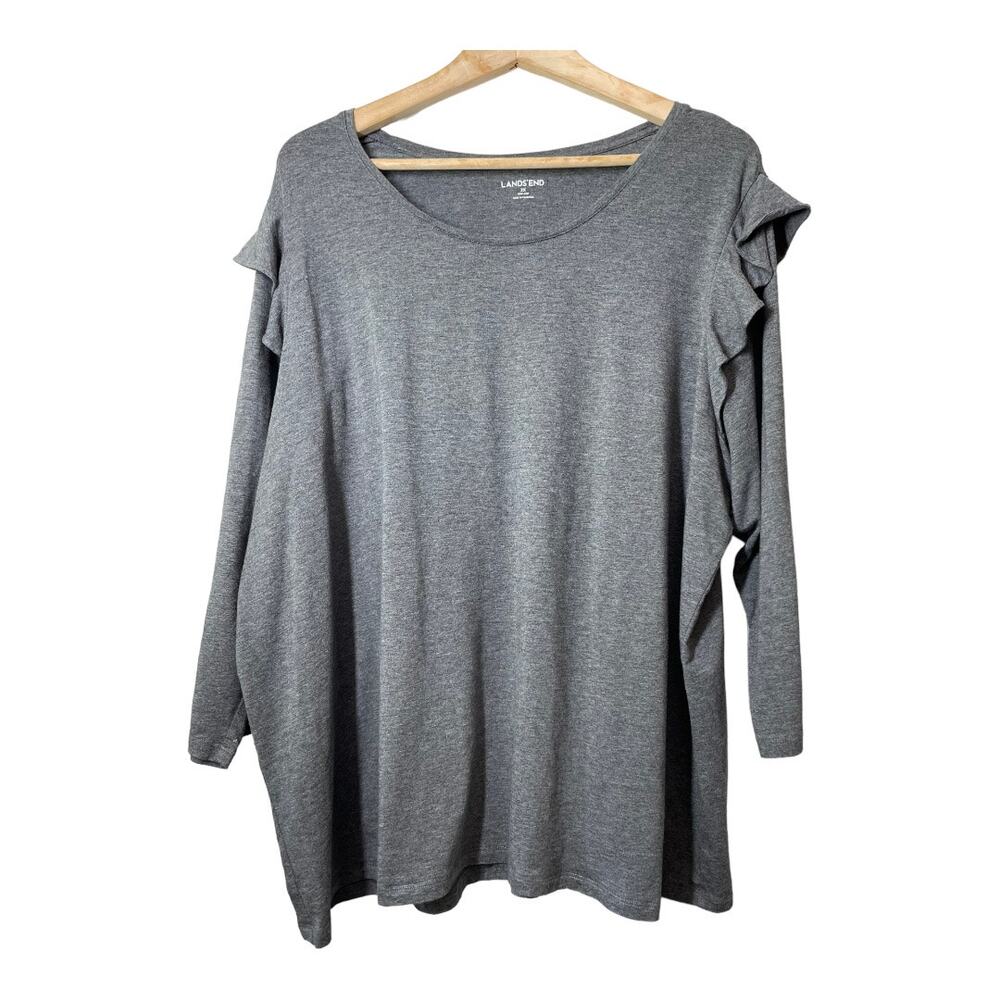 Lands End Ruffle Shoulder 3/4 Sleeve Gray T-Shirt Jersey SZ 2X Womens Top